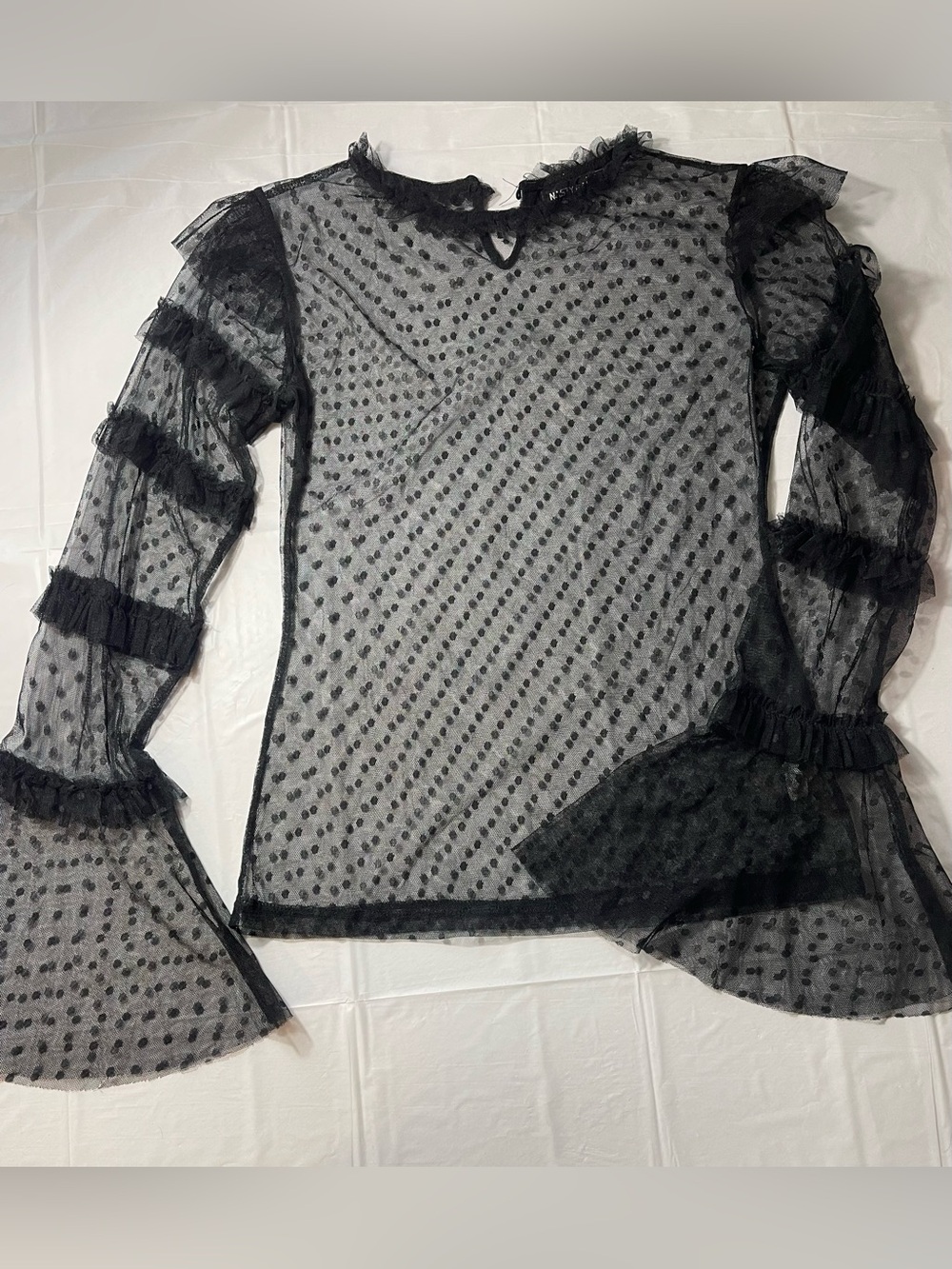 Nasty Gal Sheer Black Polka Dot Ruffle Long-Sleeve Top